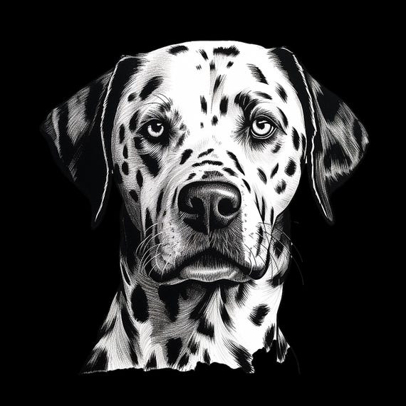 ダルメシアン肖像画 ダルメシアン犬の肖像画イラスト：黒線画