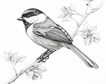 Chickadee Fine Line Portrait Clip Art, Printable bird illustration, realistic animal design for wall decor, sticker, stencil, logo, tattoo