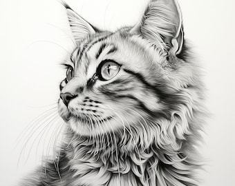 Tabby Cat Portrait Clipart: Animal Stencil, Tattoo Design (PNG, JPEG)