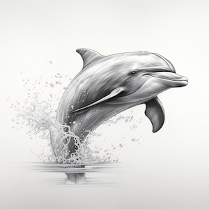 May include: A black and white pencil drawing of a dolphin leaping out of the water, creating a splash of water droplets.