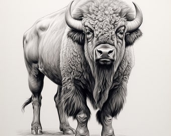 Buffalo Fine Line Illustration, printable clip art wildlife animal, portrait for stencil, sticker, logo, tattoo, wall decor