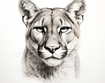 Puma Fine Line Drawing: Wildlife Animal Image (Digital Download)