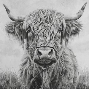 May include: A black and white drawing of a Highland cow with long, shaggy hair. The cow is looking directly at the viewer with a gentle expression. The drawing is done in a realistic style and captures the beauty of the animal.