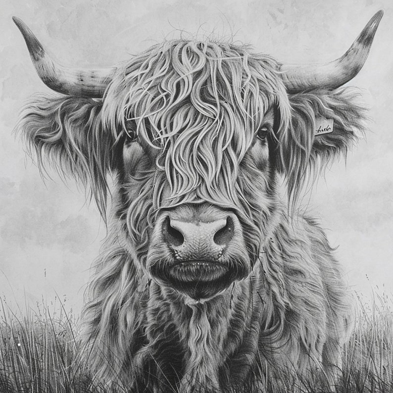 May include: A black and white drawing of a Highland cow with long, shaggy hair. The cow is looking directly at the viewer with a gentle expression. The drawing is done in a realistic style and captures the beauty of the animal.
