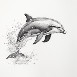 Portrait au trait fin de dauphin, clipart animal aquatique et océanique, illustration réaliste, décalcomanie imprimable, pochoir ou autocollant de tatouage