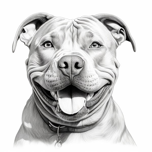 Pitbull Smiling Pet Portrait, Fine Line Dog Drawing, Printable animal coloring page, sticker, stencil, logo, decal, wall decor