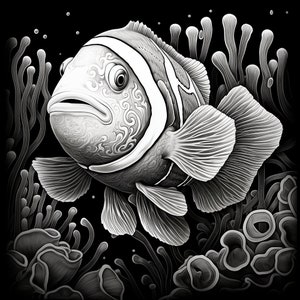 Clowfish Black Line Clip Art Illustration, Printable fine line fish portrait for coloring page, sticker, stencil, tattoo, logo, wall decor