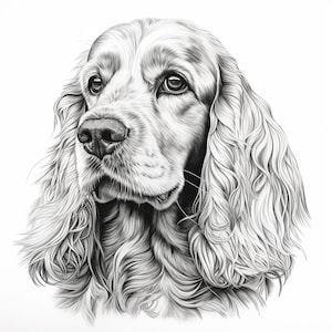Puede incluir: Un dibujo a lápiz en blanco y negro de un perro Cocker Spaniel con pelo largo y fluido. El perro está mirando hacia la izquierda de la imagen.