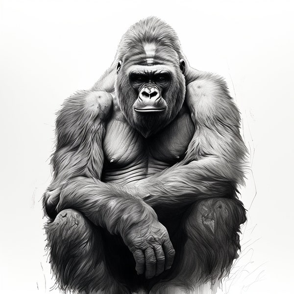 Illustration de clipart portrait de gorille, dessin d'animal sauvage imprimable, coloriage de singe, autocollant, décoration murale de tatouage logo pochoir