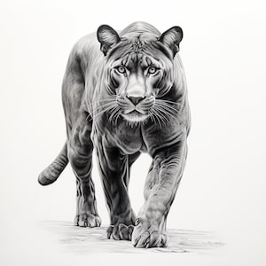 Op de afbeelding: Een zwart-witte potloodtekening van een grote zwarte panter die naar de kijker loopt. De panter heeft een serieuze uitdrukking en zijn vacht is gedetailleerd met schaduwen.