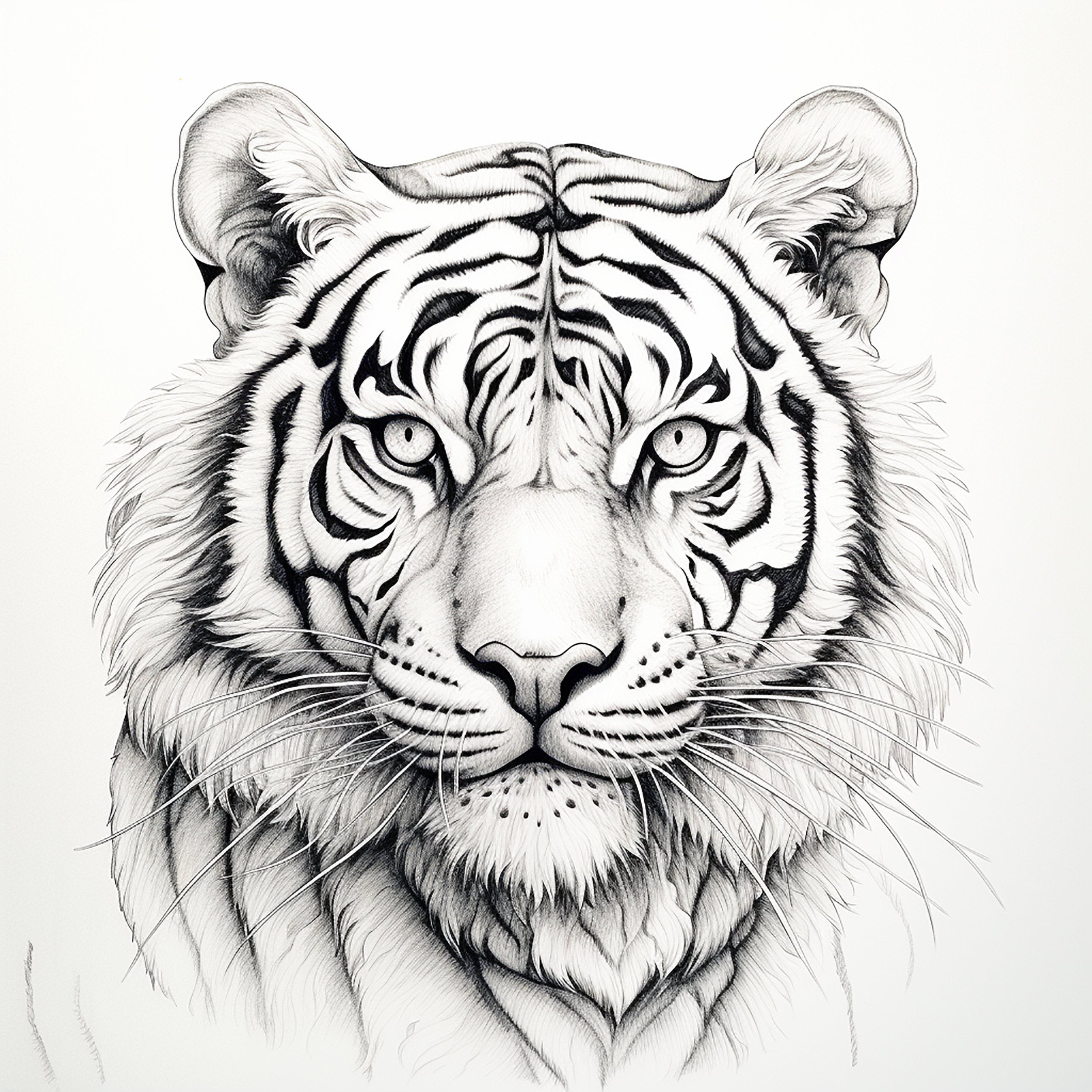 Tiger Fine Line Portrait Clip Art, Printable Wildlife Illustration for ...