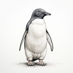 Peut inclure: Une illustration en noir et blanc d'un pingouin debout sur un fond blanc. Le pingouin a une tête et un dos noirs, un ventre blanc et un bec noir.