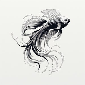 Beta Fish with Long Fins Solid Black Line Clip Art, Printable fish illustration for coloring page, sticker, stencil, logo, wall decor
