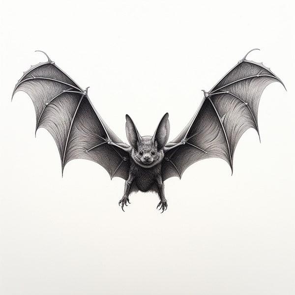 Chauve-souris volante fine ligne noire dessin au crayon, image animalière imprimable de la faune pour publicité, autocollant, pochoir, logo, tatouage, décoration murale