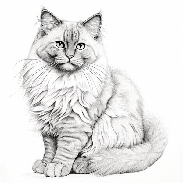Ragdoll Cat Pet Portrait Clip Art, Printable animal illustration, realistic drawing for sticker, stencil, coloring page, logo, custom design