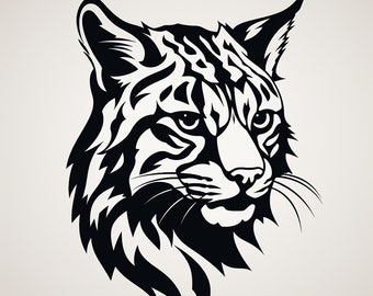 Ilustracja rysia rudego: Naklejka z czarną linią do szablonu, logo, tatuażu (pobranie cyfrowe)