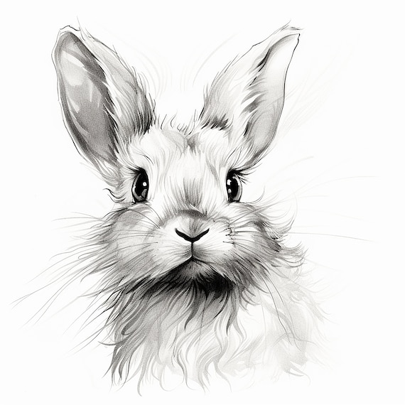 Realistic Rabbit Fine Line Drawing, Bunny Clip Art Illustration