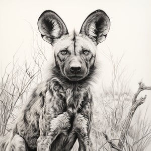 Illustration de trait fin de chien sauvage d'Afrique, sticker animal sauvage imprimable pour coloriage, autocollant, pochoir, tatouage, décoration murale