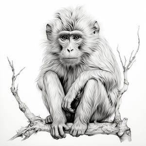 Pode incluir: Um desenho a lápis detalhado em preto e branco de um macaco sentado num galho de árvore nu. O macaco tem pelo espesso e texturizado, olhos expressivos e olha para a frente. O galho estende-se com pequenos ramos sem folhas nas pontas.