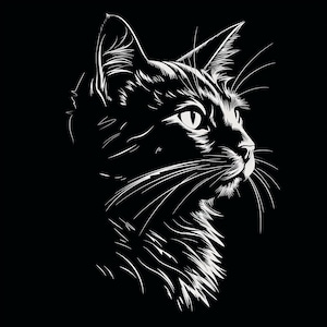 Puede incluir: Un dibujo en blanco y negro de la cabeza de un gato, mirando hacia la derecha. El gato tiene una nariz larga y puntiaguda y ojos grandes y redondos.