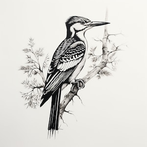 Woodpecker Black Line Decal , Detailed bird clip art for sticker, stencil, logo, tattoo, diy craft, cricut, engraving, tshirt, woodburning