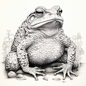 May include: A detailed black and white pencil drawing of a large toad sitting on the ground with its legs spread out. The toad has a bumpy, textured skin and large, round eyes.