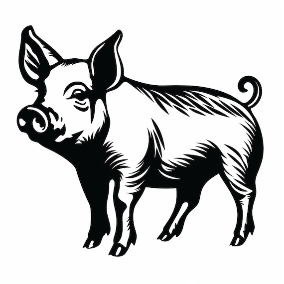 豚の黒い線画イラスト：農場の動物のクリップアート（デジタル