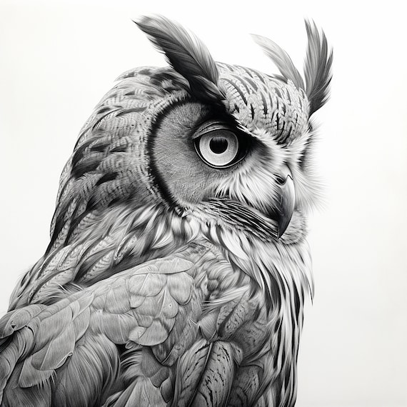 フクロウの鉛筆線画イラスト：野生動物ステンシル、ロゴ（デジタル