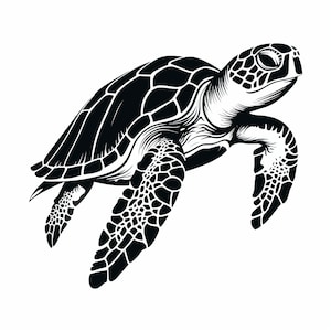 Peut inclure: Silhouette noire et blanche d'une tortue de mer nageant. La tortue a une carapace et des nageoires détaillées.