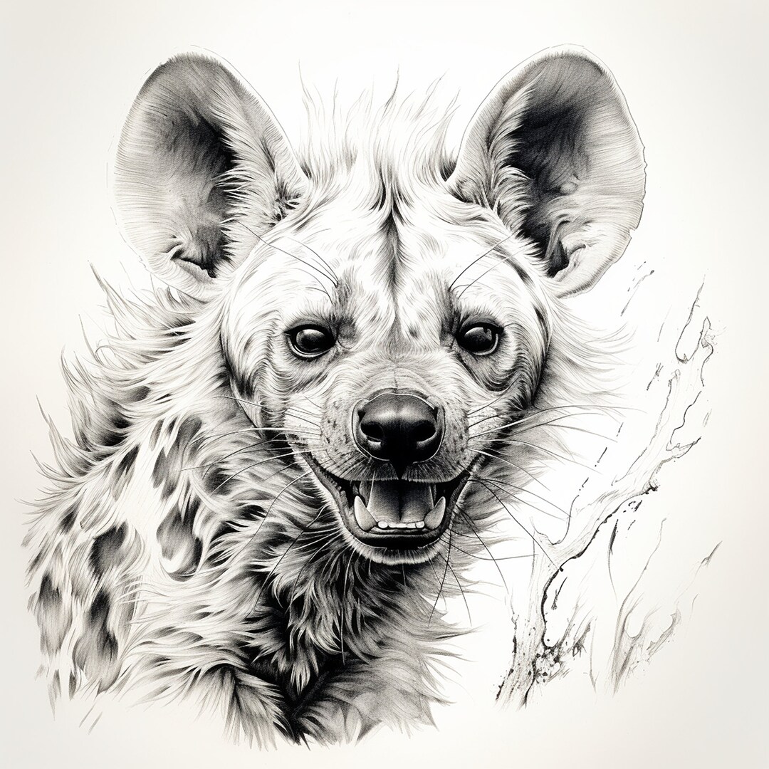 Hyena Smiling Fine Line Portrait, Wildlife Animal Clip Art Illutration