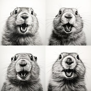 Peut inclure: Une œuvre d'art en niveaux de gris présentant quatre portraits en gros plan d'une marmotte avec la bouche ouverte, montrant ses dents. Les marmottes ont des fourrures et des moustaches détaillées, avec un accent sur leurs visages expressifs et leurs grands yeux.
