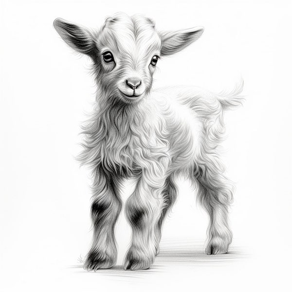 Baby Goat Full Body Fine Line Image, Printable commercial farm animal illustration for sticker, stencil, logo, tattoo, wall decor, DIY