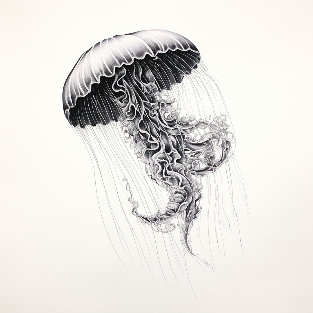 クラゲの黒線画：海の野生動物のイラスト（デジタルダウンロード