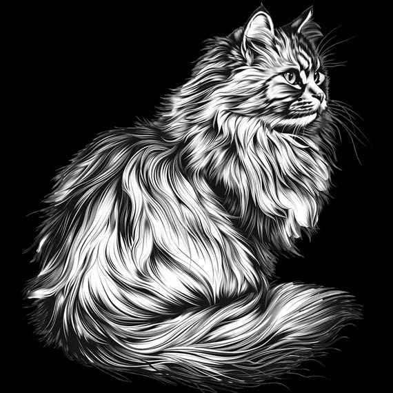 長毛猫の黒線画：ステンシル、ロゴ、デカール（デジタルダウンロード