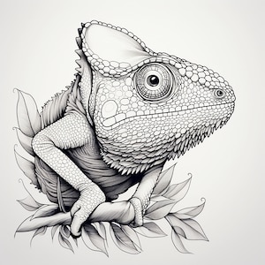 Chameleon Fine Line Clip ARt Illustration, Printable wildlife animal drawing for coloring page, stencil, sticker, logo, tattoo