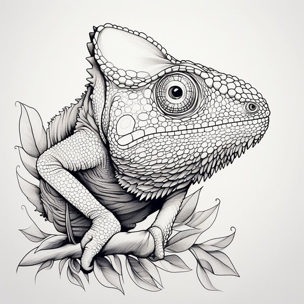 Chameleon Fine Line Clip ARt Illustration, Printable wildlife animal drawing for coloring page, stencil, sticker, logo, tattoo