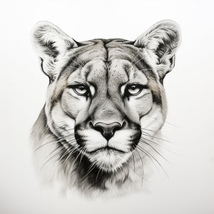 Puede incluir: Un dibujo en blanco y negro de la cara de un puma. El puma está mirando directamente al espectador con una expresión seria. El dibujo es detallado y realista, capturando el pelaje, los ojos y los bigotes del animal.