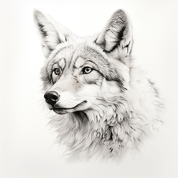 Coyote Fine Line Realistic Portrait, Printable commercial wildlife animal image for sticker, stencil, logo, tattoo, wall decor, DIY