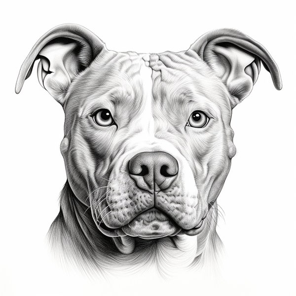 Pitbull Fine Line Pet Portrait, Printable realistic dog drawing for coloring page, sticker, stencil, logo, tattoo, wall decor