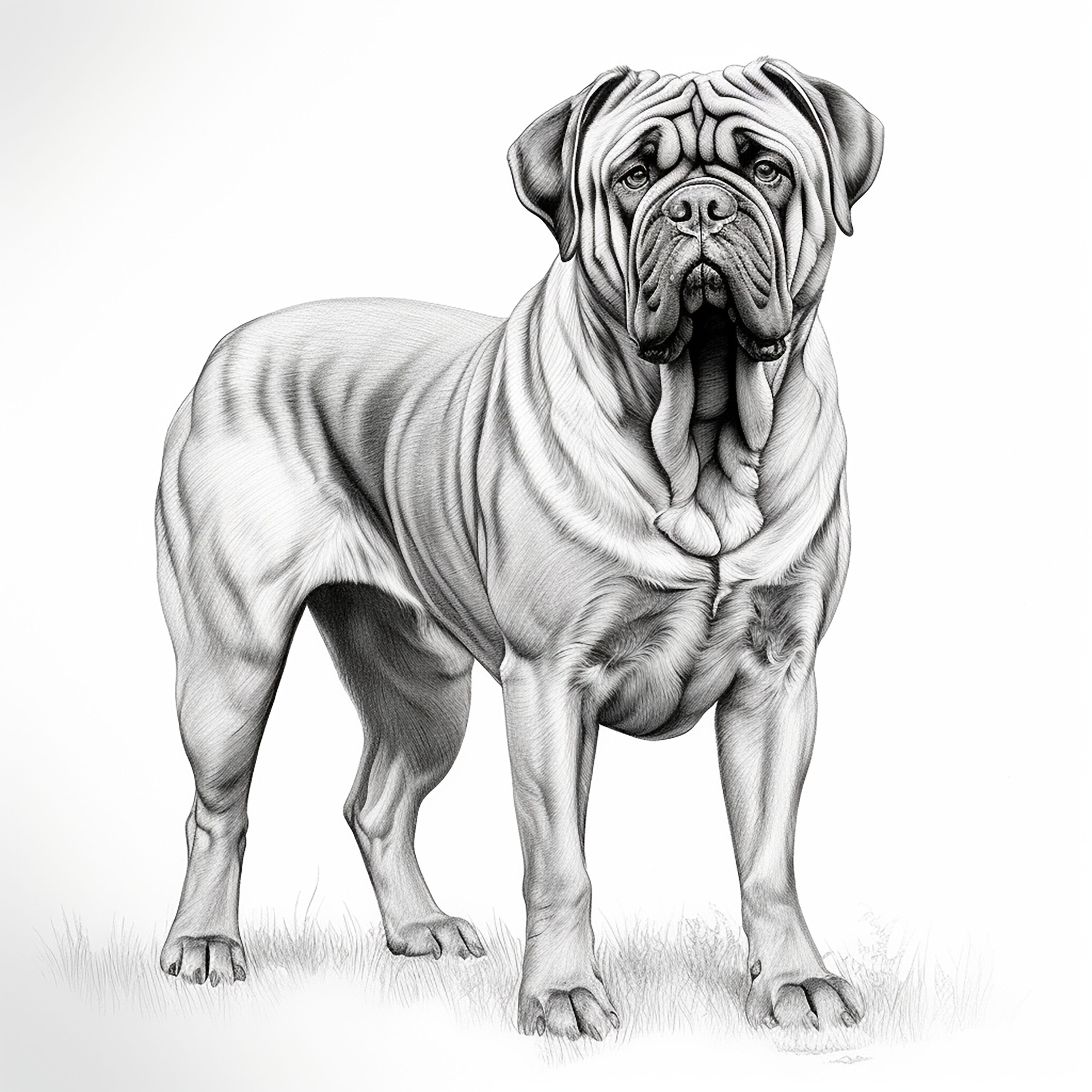 Bullmastiff Rhodesian Ridgeback Drawing Bullmastiff Fine Line Pet Portrait, Printable Dog Illustration for ...