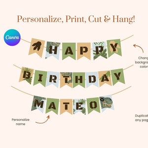 Dinosaurs birthday banner Canva template, T-rex Dinosaur Birthday Banner, Personalized boy birthday printable decor, instant download banner