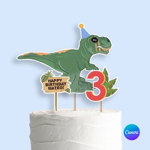 Dinosaur Cake Topper Editable Canva Template / Printable Trex Cake Decor / Digital Personalized Dinosaur cupcake toppers /