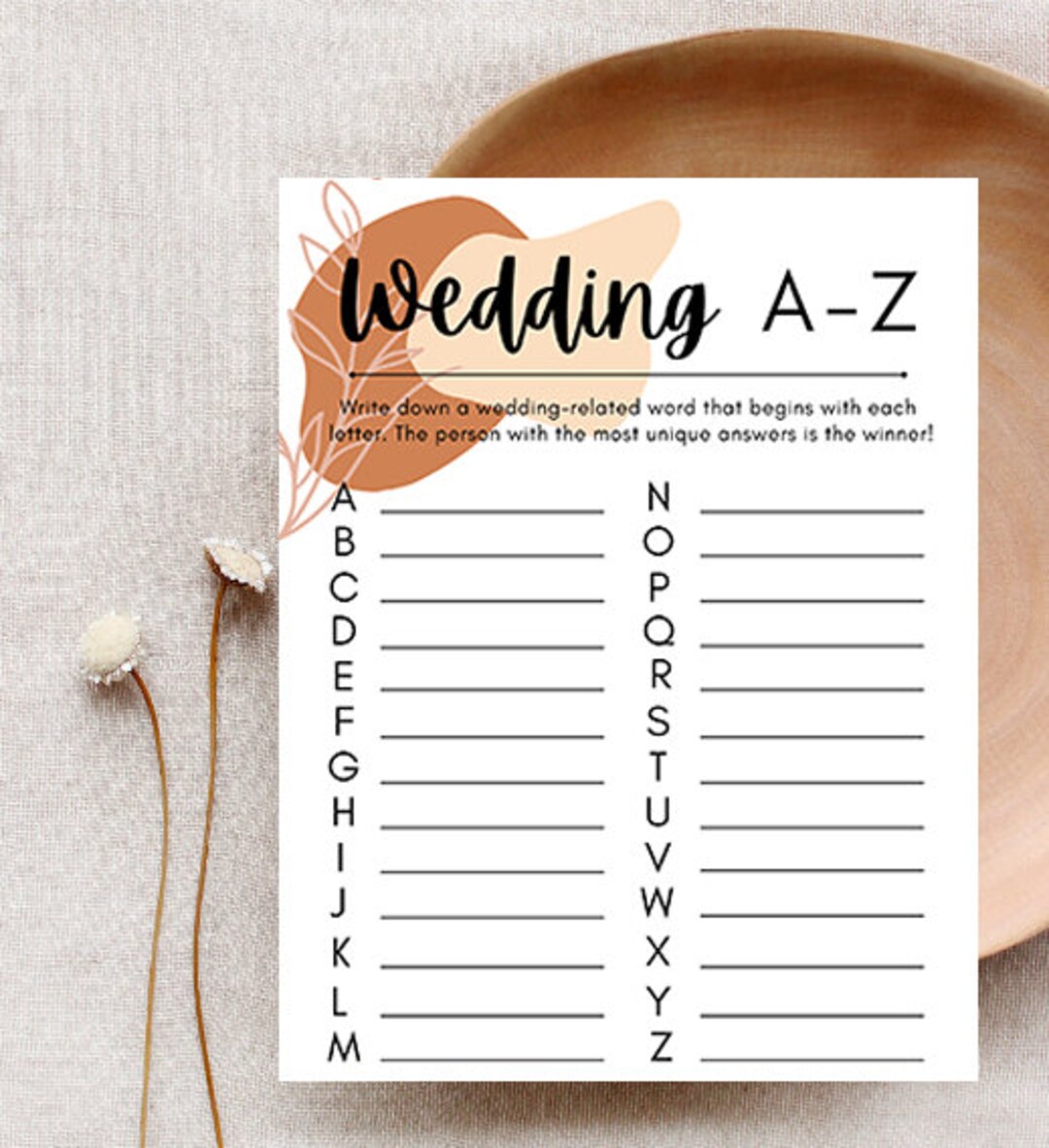 A-Z Bridal Shower Game Digital Download - Etsy