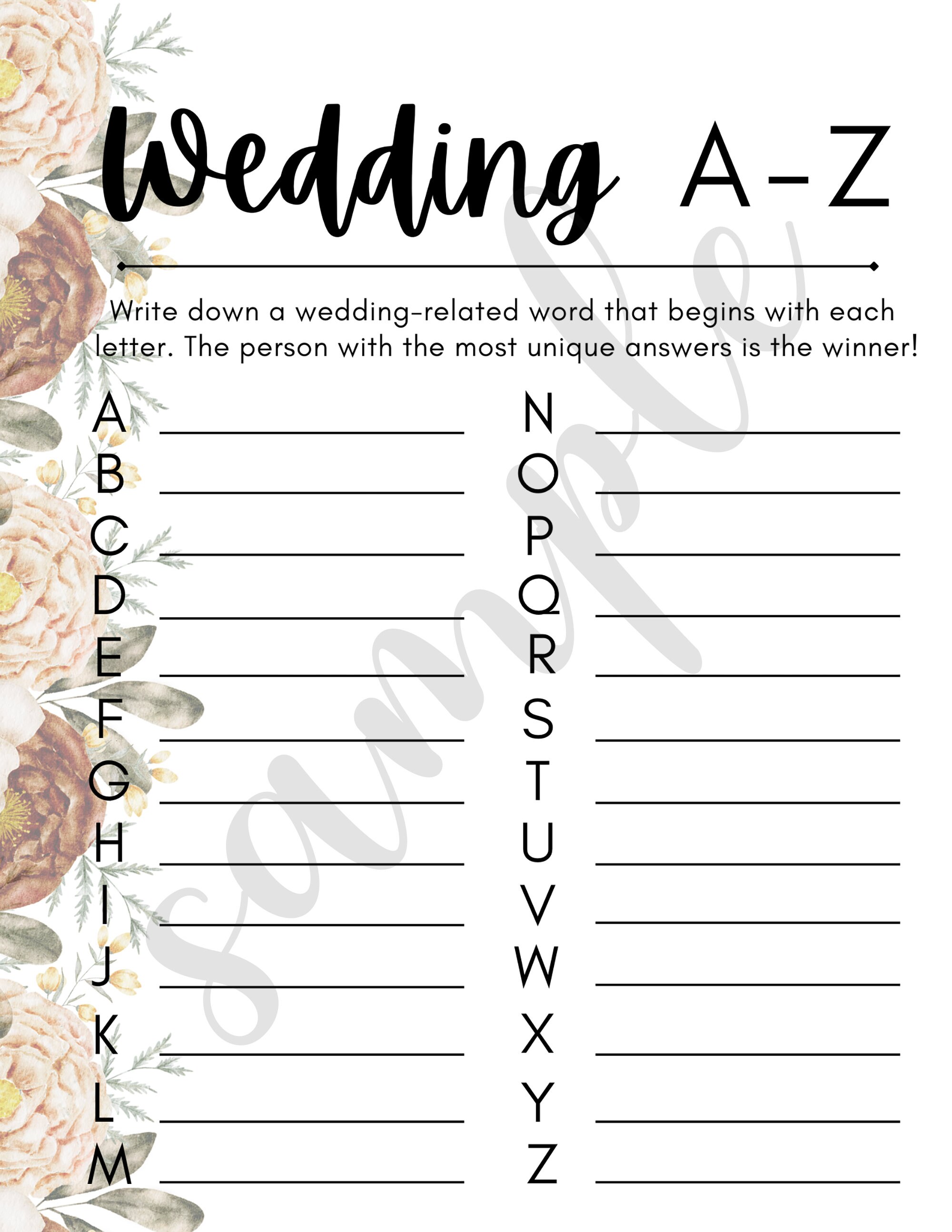 A-Z Bridal Shower Game Digital Download - Etsy
