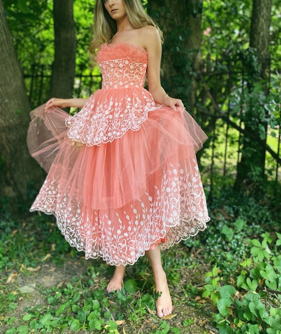 1950's coral cupcake formal prom dress