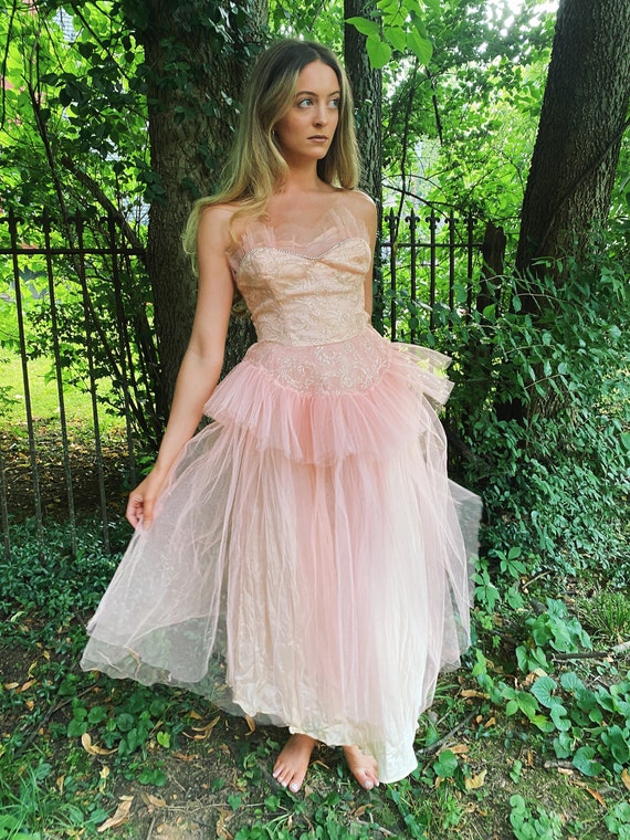 1950s Cupcake Pink ruffle tulle prom dress