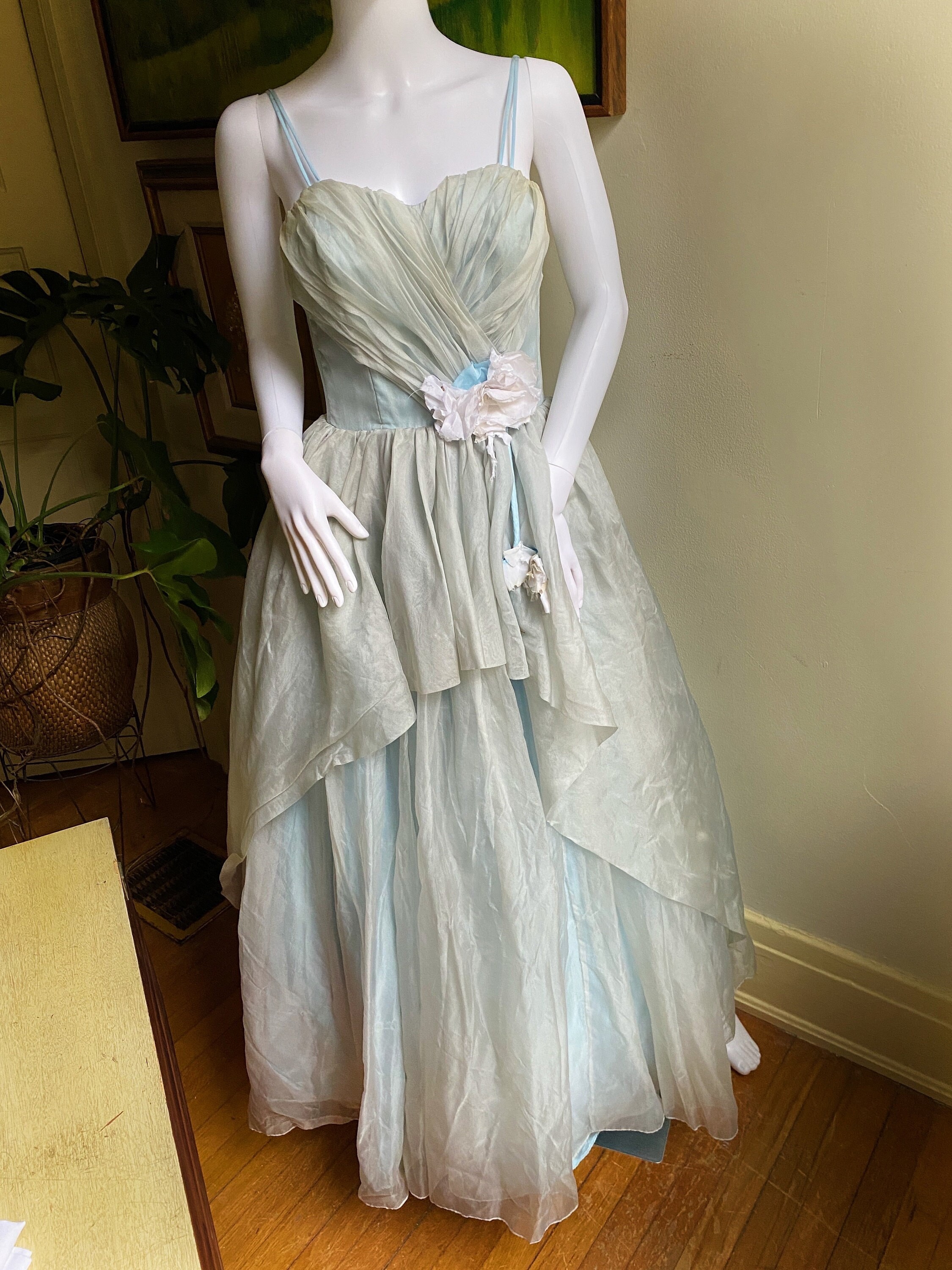 bright blue dresser Vintage 1950's Cinderella Baby Blue Tulle Strapless Prom Dress / XS   Xtabay Vintage