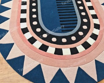Hand Tufted Wool Rug 9x12: Modern Oval Area Carpet, Blue and Pink Home Decor