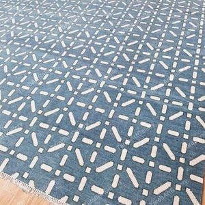 10x14 Geometric Area Rug Blue Silver with Dusty Green Wool Rug Hand Knotted Rug Modern Oushak Rug Handmade Rugs for Living and Custom 12x15