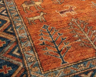 Hand Knotted Serapi Wool Rug, Handmade Area Carpet, Rust & Blue Boho Home Decor Rugs
